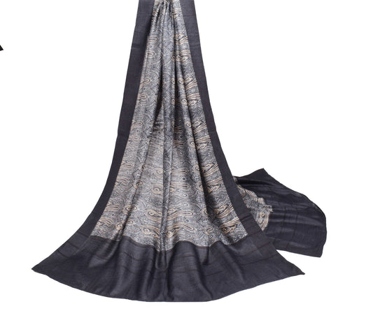 Sushila Vintage Pure Woolen Black Dupatta Paisley Printed Soft Shawl Long Stole