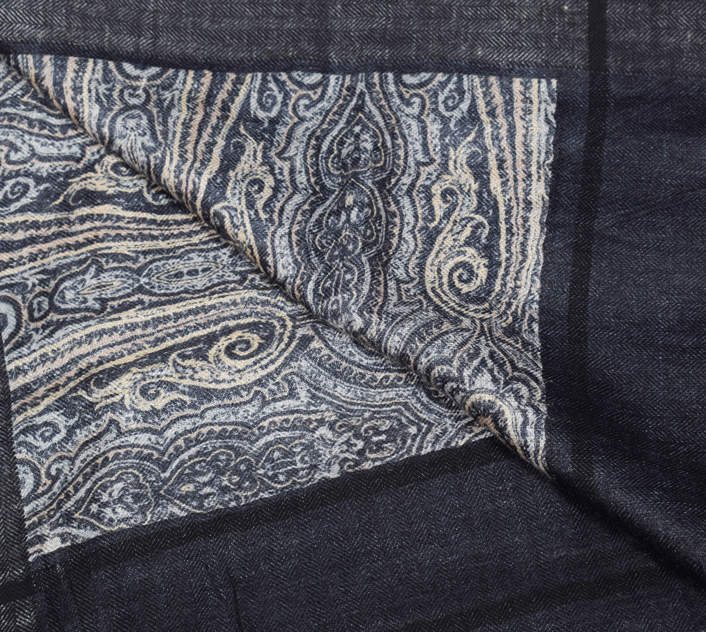 Sushila Vintage Pure Woolen Black Dupatta Paisley Printed Soft Shawl Long Stole