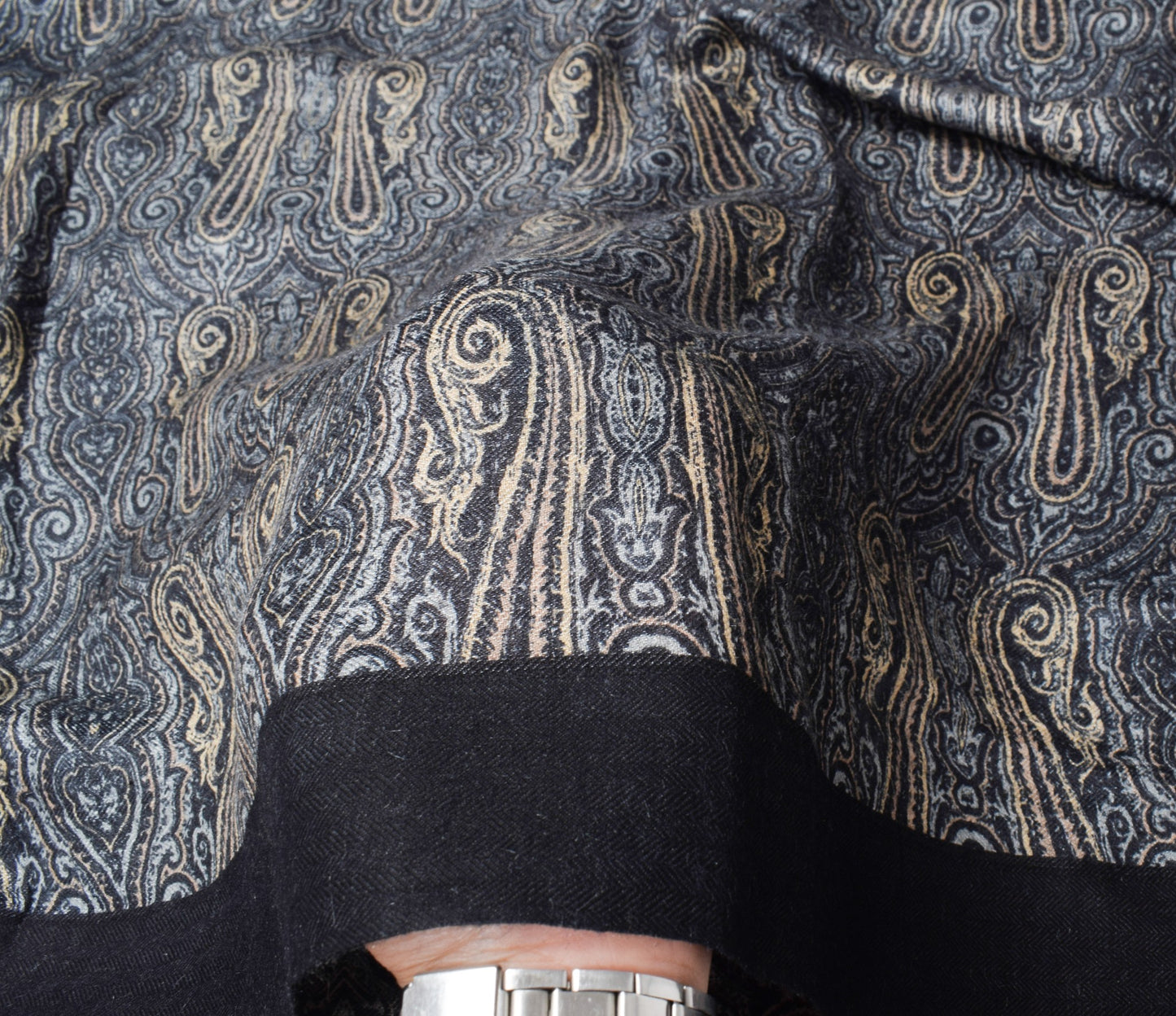 Sushila Vintage Pure Woolen Black Dupatta Paisley Printed Soft Shawl Long Stole