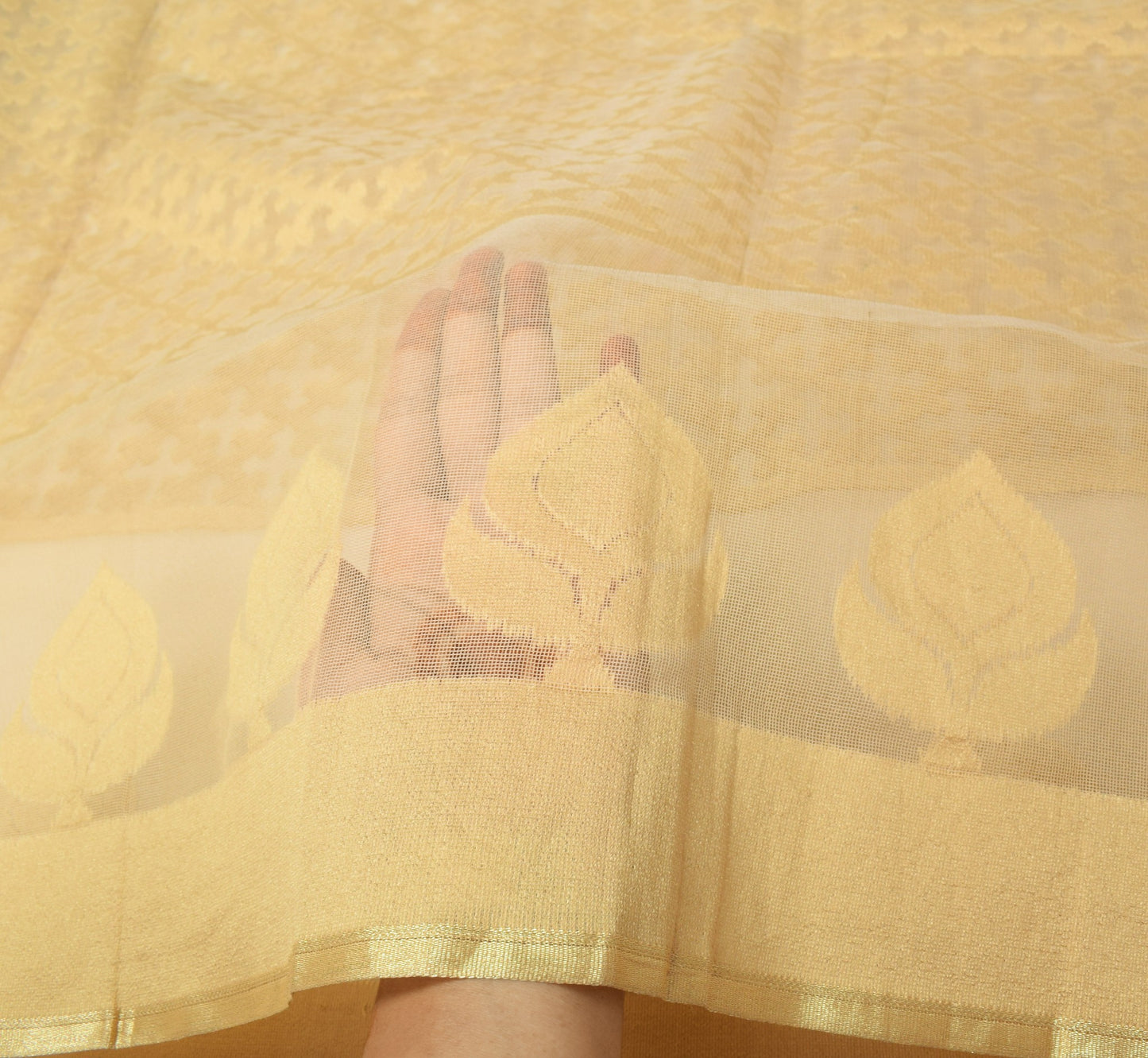 Sushila Vintage Light Brown Net Dupatta All Over Floral Woven Long Stole Scarves