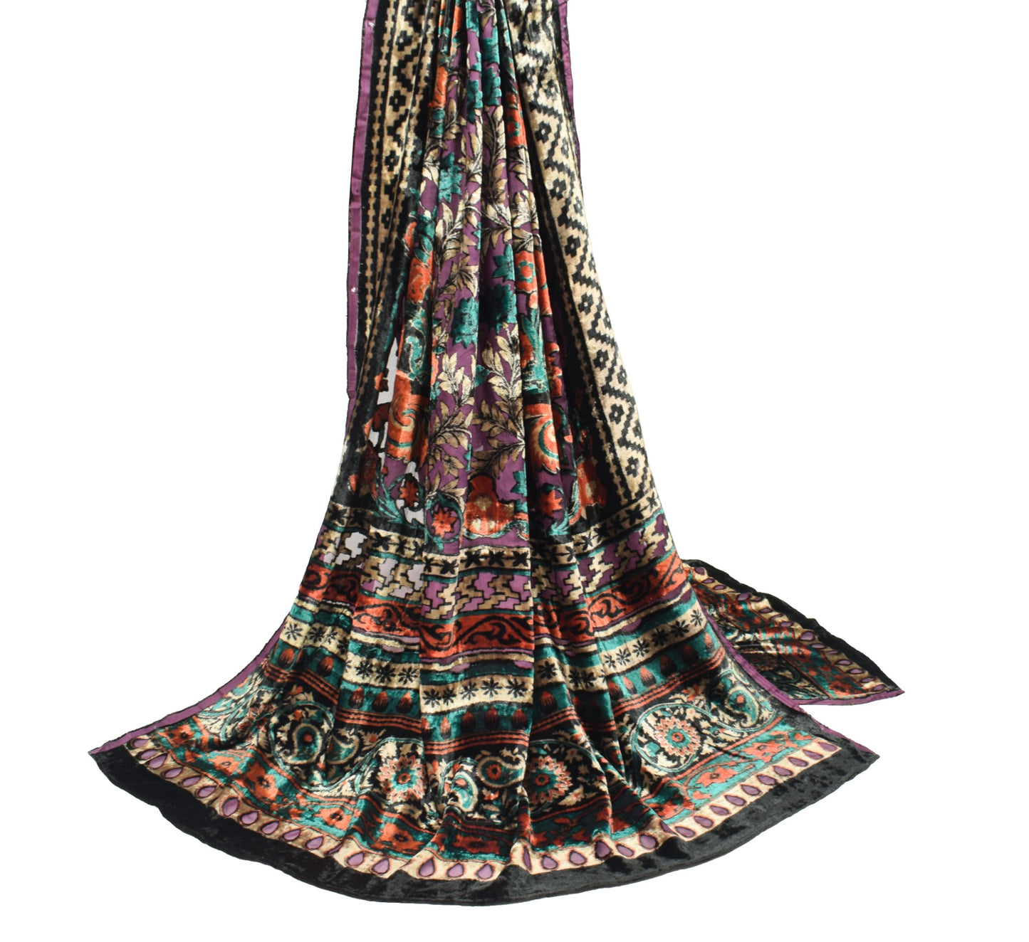 Sushila Vintage Brasso Velvet Dupatta Purple Floral Woven Soft Indian Long Stole