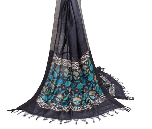Sushila Vintage Black Floral Dupatta Pure Woolen Printed Woven Soft Long Stole