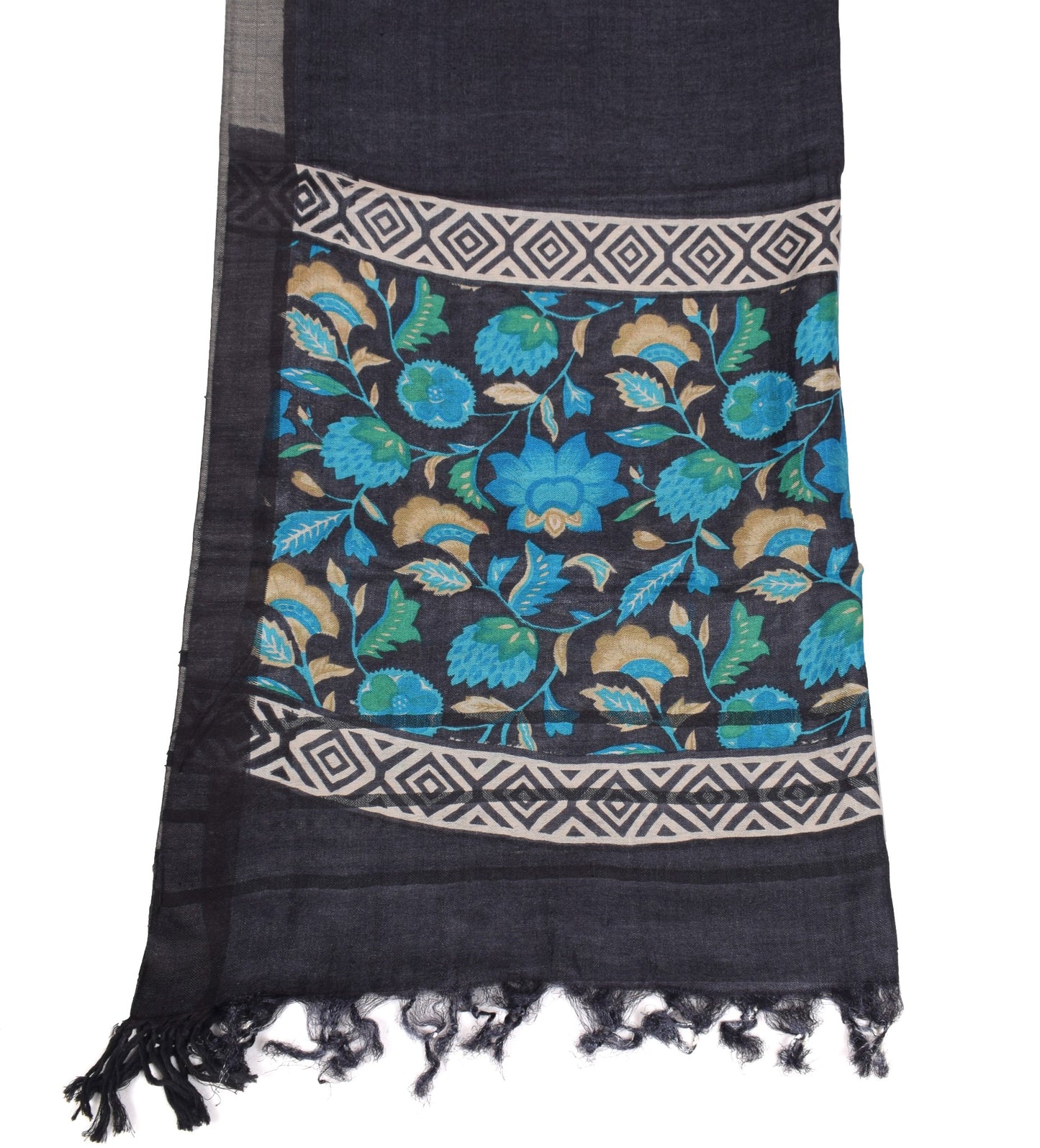 Sushila Vintage Black Floral Dupatta Pure Woolen Printed Woven Soft Long Stole