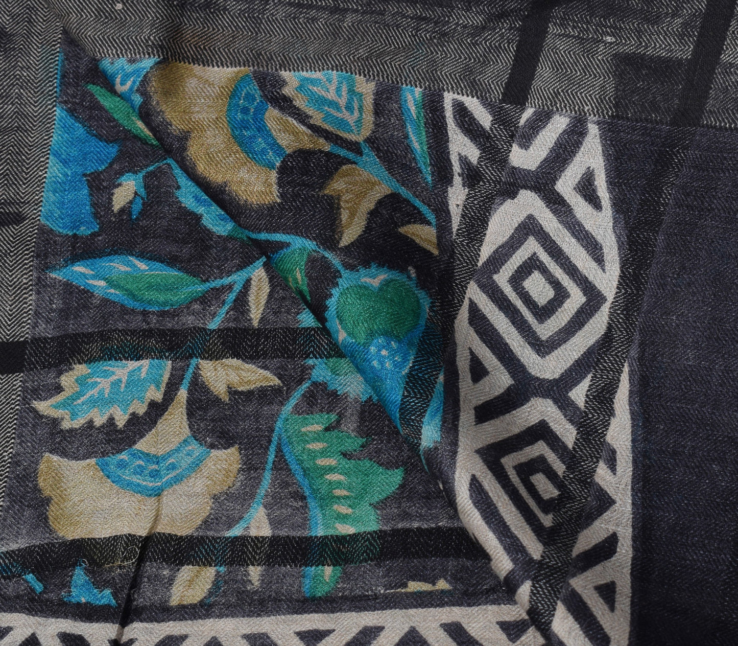 Sushila Vintage Black Floral Dupatta Pure Woolen Printed Woven Soft Long Stole