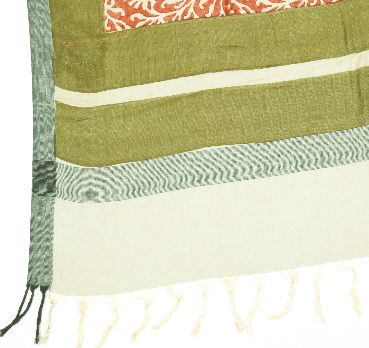 Sushila Vintage  Pure Woolen Dupatta Cream Brown Hand Block Printed Long Stole