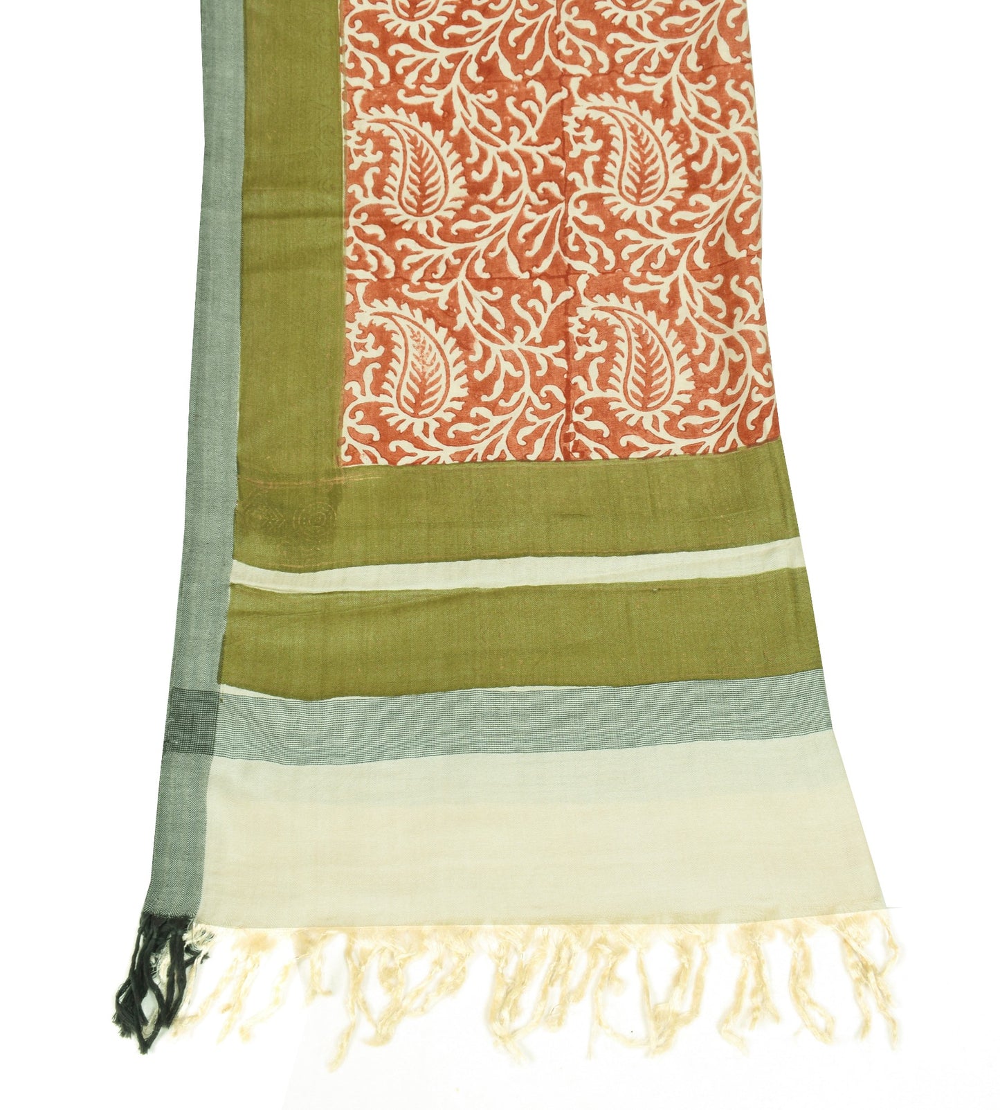 Sushila Vintage  Pure Woolen Dupatta Cream Brown Hand Block Printed Long Stole