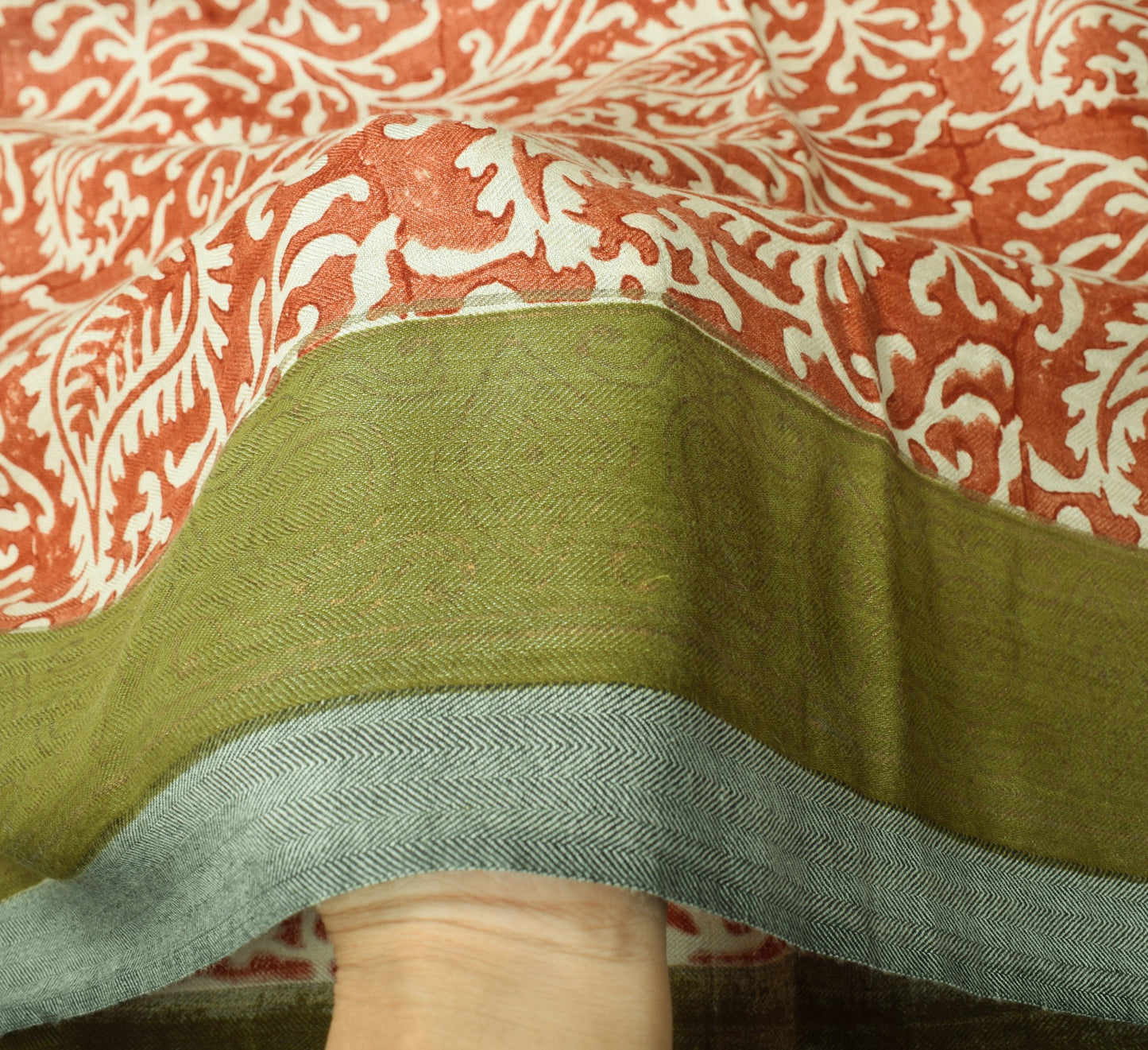 Sushila Vintage  Pure Woolen Dupatta Cream Brown Hand Block Printed Long Stole