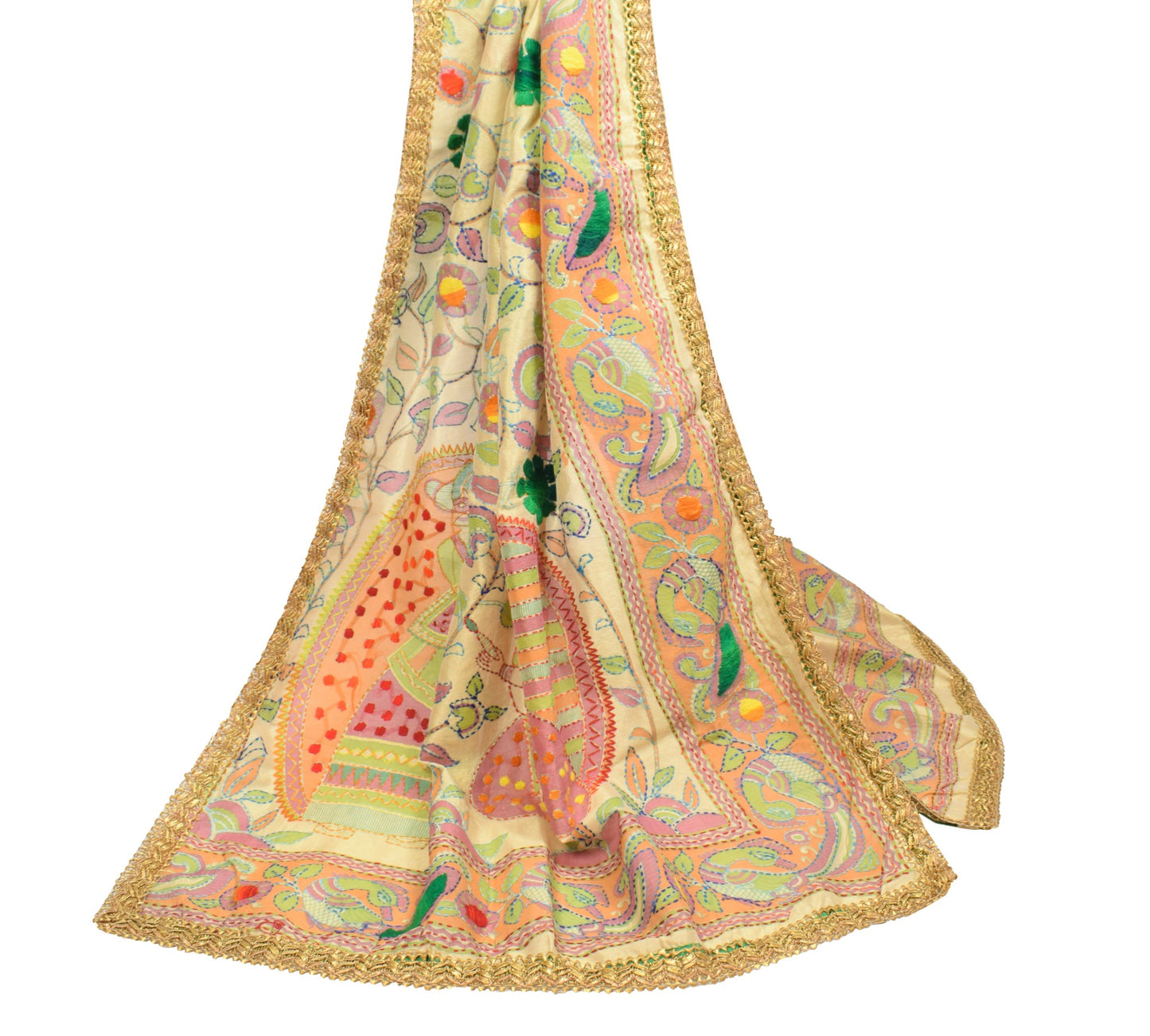 Sushila Vintage Kutch Kantha Work Dupatta Art Silk Folk Women and Bird LongStole