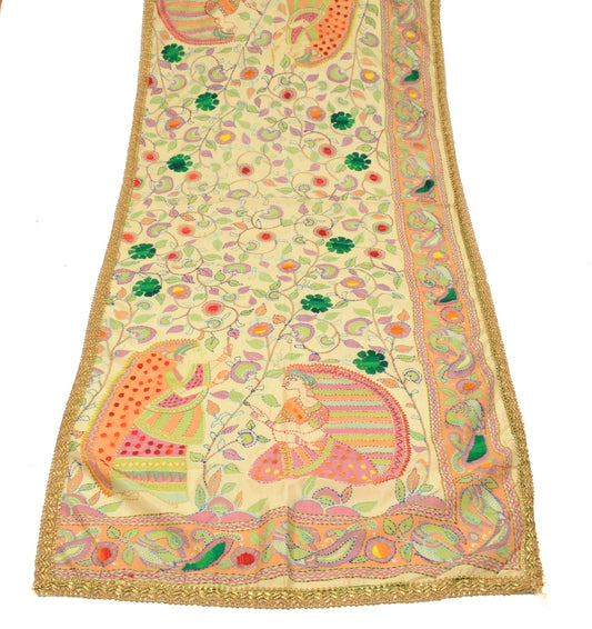 Sushila Vintage Kutch Kantha Work Dupatta Art Silk Folk Women and Bird LongStole