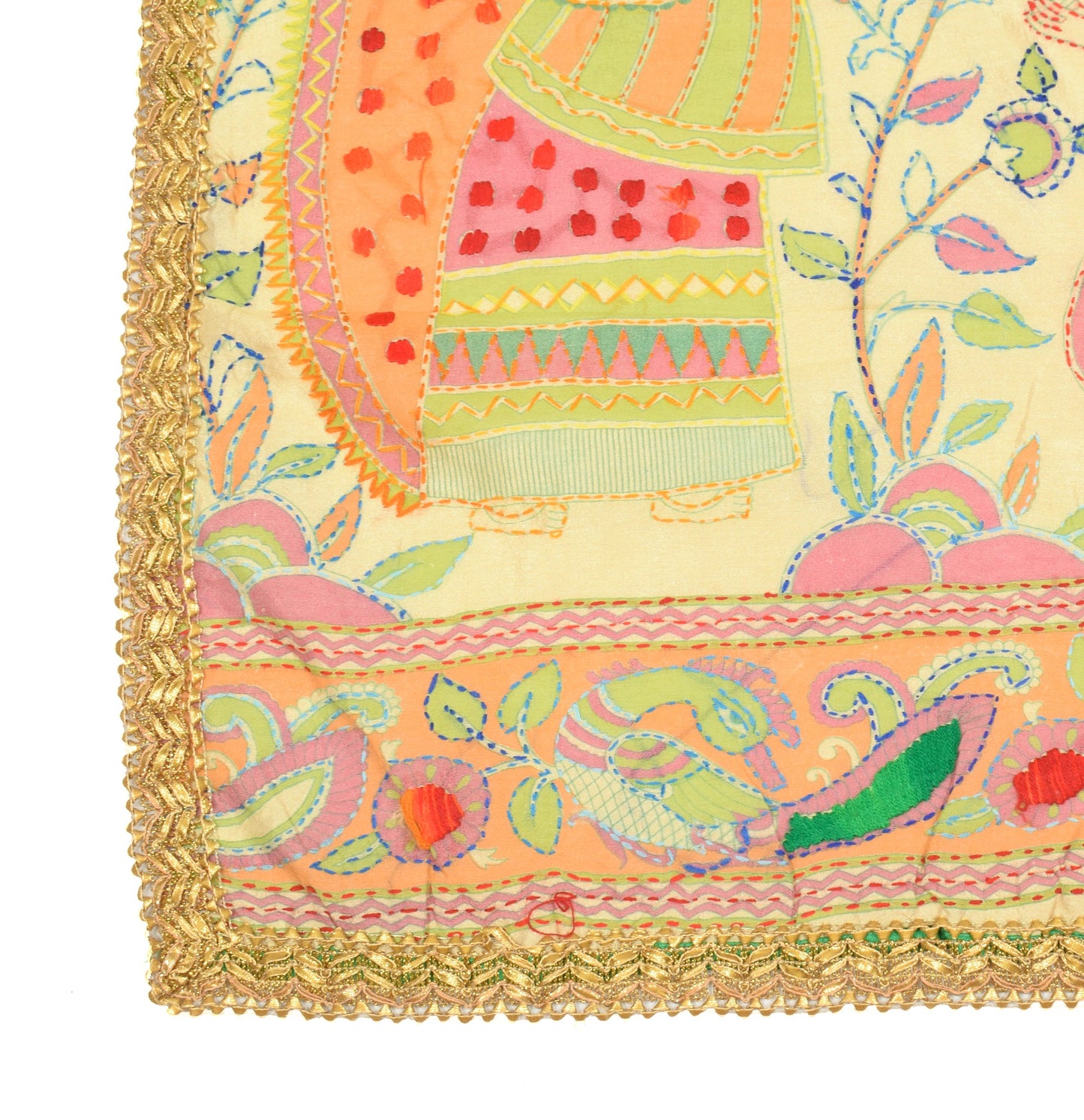 Sushila Vintage Kutch Kantha Work Dupatta Art Silk Folk Women and Bird LongStole