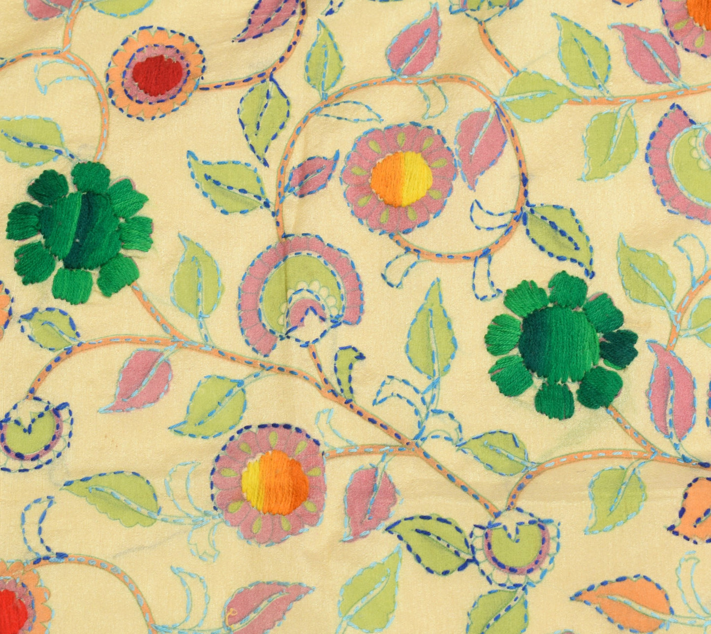 Sushila Vintage Kutch Kantha Work Dupatta Art Silk Folk Women and Bird LongStole