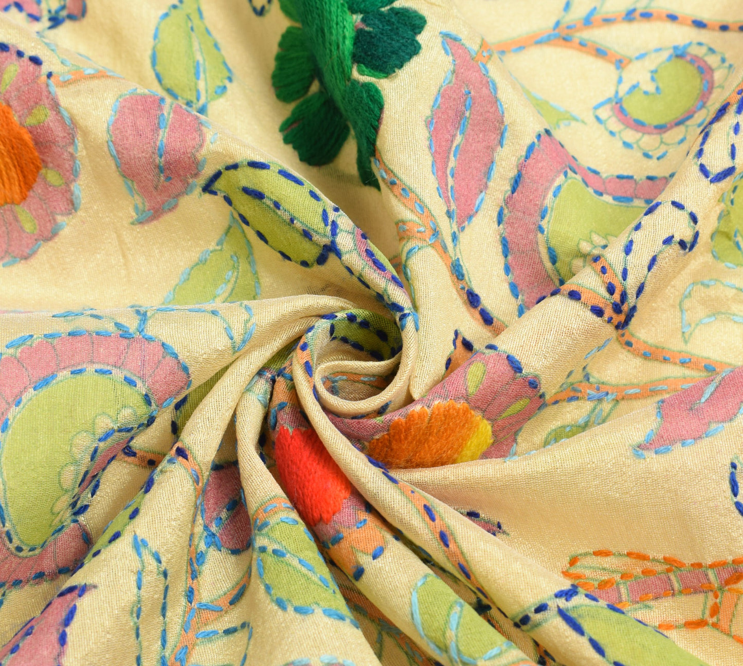 Sushila Vintage Kutch Kantha Work Dupatta Art Silk Folk Women and Bird LongStole