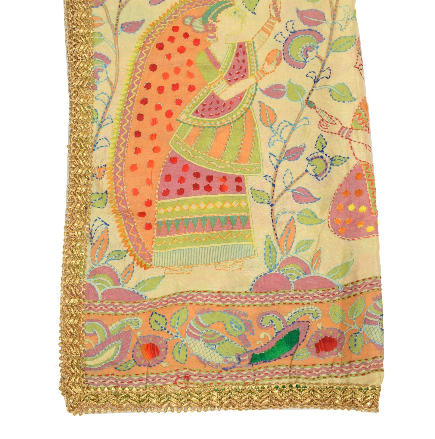 Sushila Vintage Kutch Kantha Work Dupatta Art Silk Folk Women and Bird LongStole