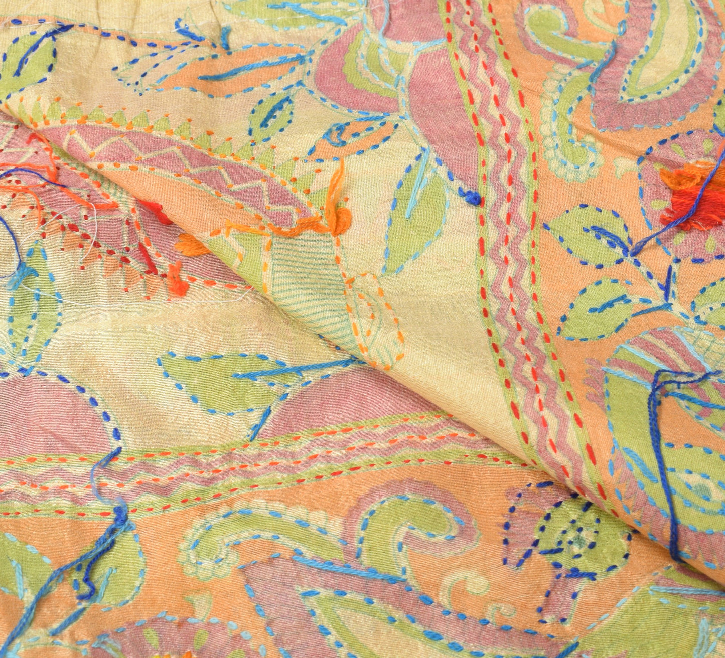 Sushila Vintage Kutch Kantha Work Dupatta Art Silk Folk Women and Bird LongStole