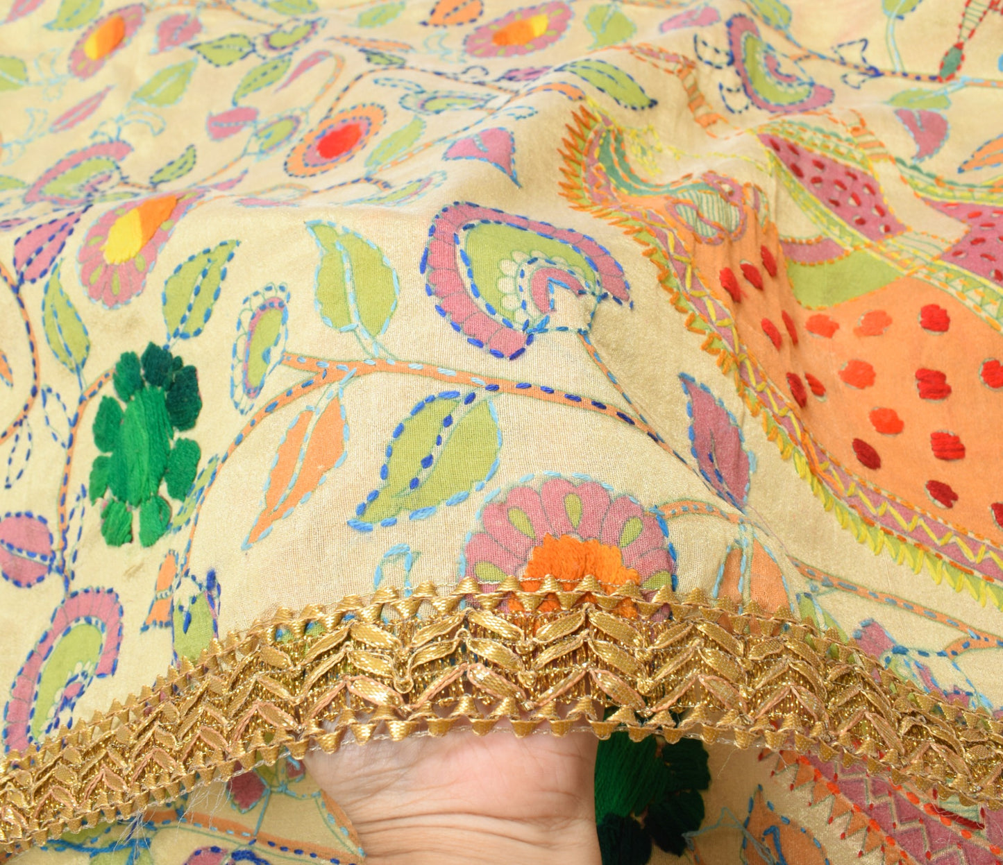 Sushila Vintage Kutch Kantha Work Dupatta Art Silk Folk Women and Bird LongStole