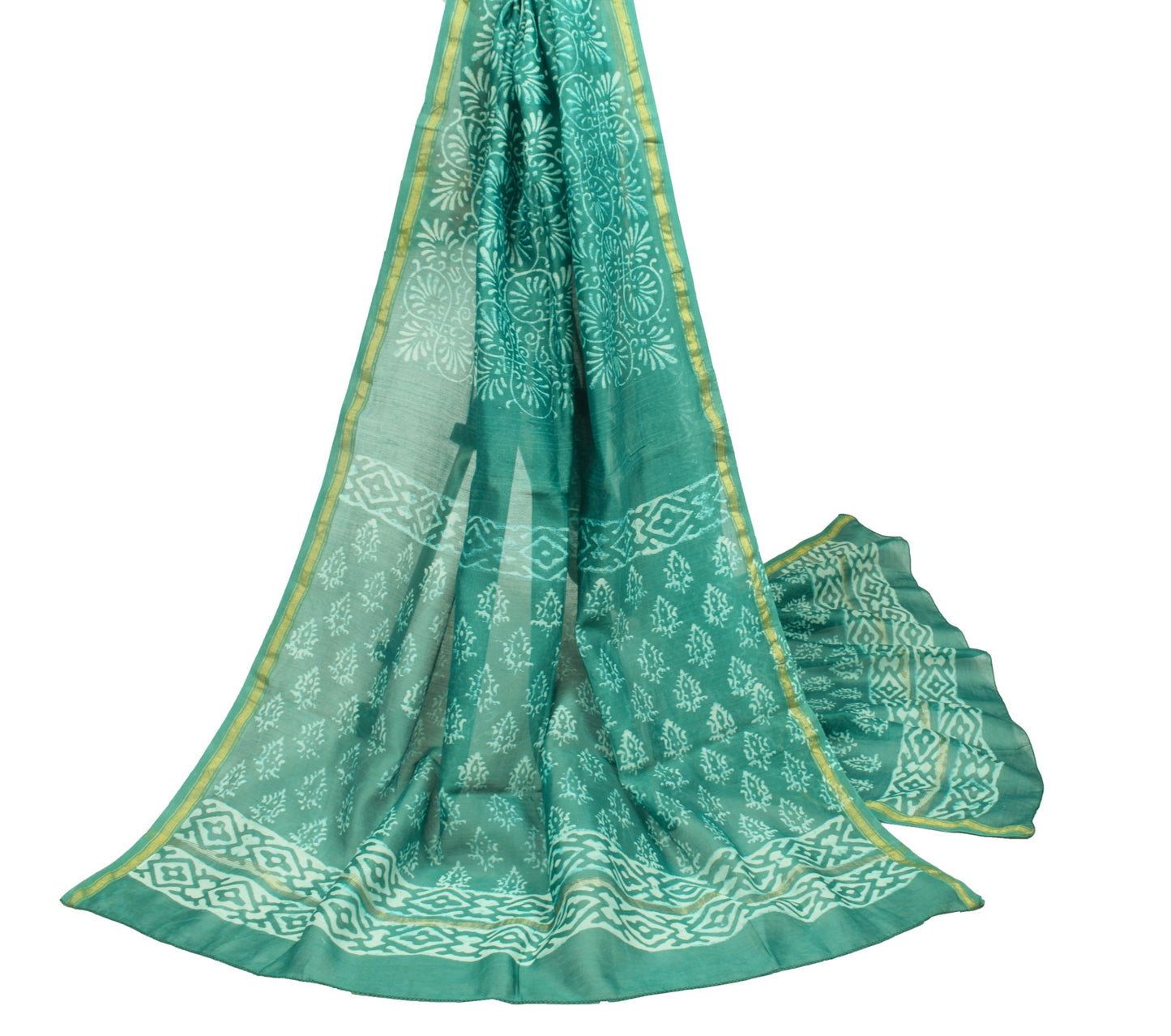 Sushila Vintage Teal Green Dupatta Pure Cotton Silk Floral Hand Block Long Stole