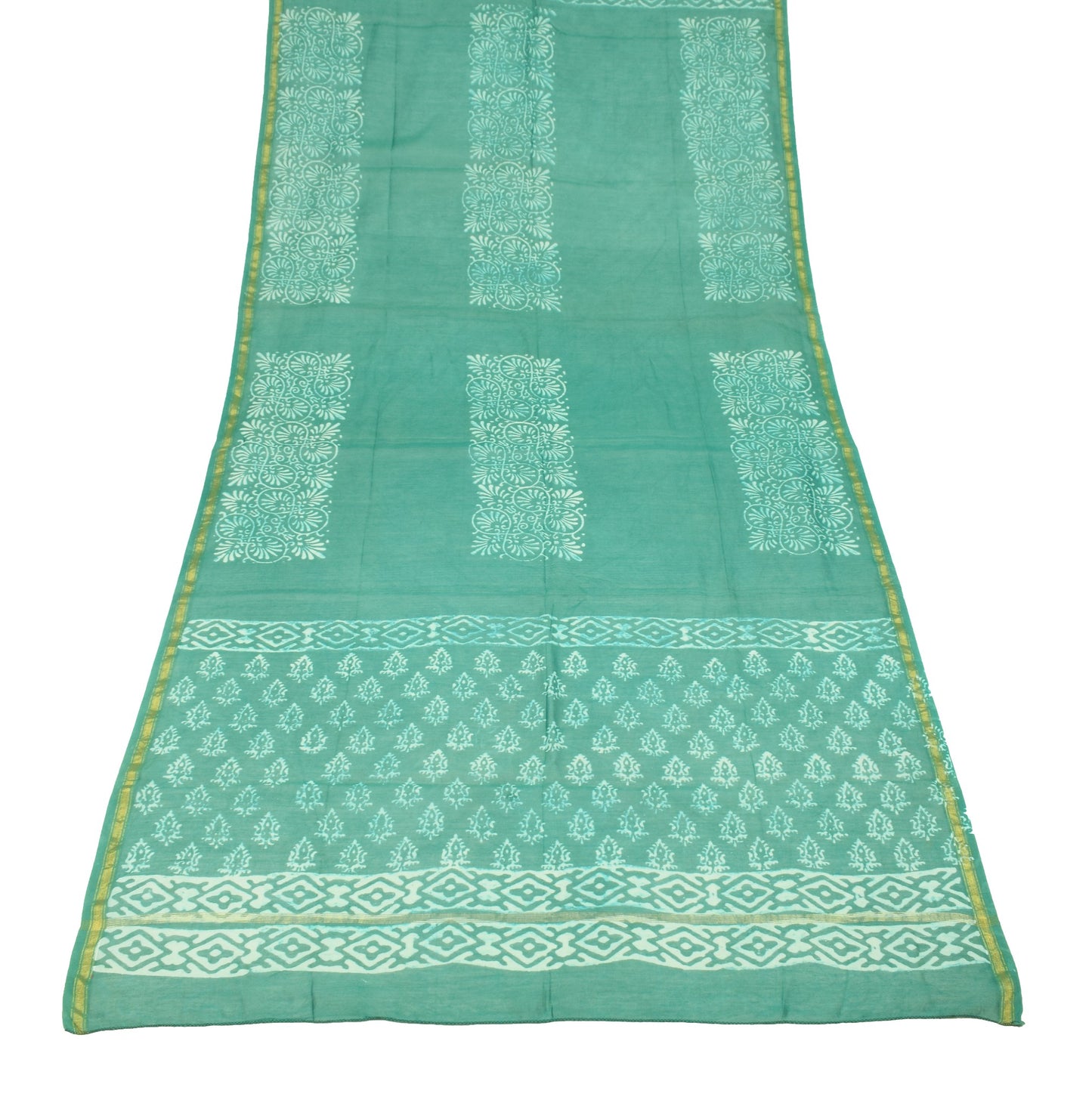 Sushila Vintage Teal Green Dupatta Pure Cotton Silk Floral Hand Block Long Stole