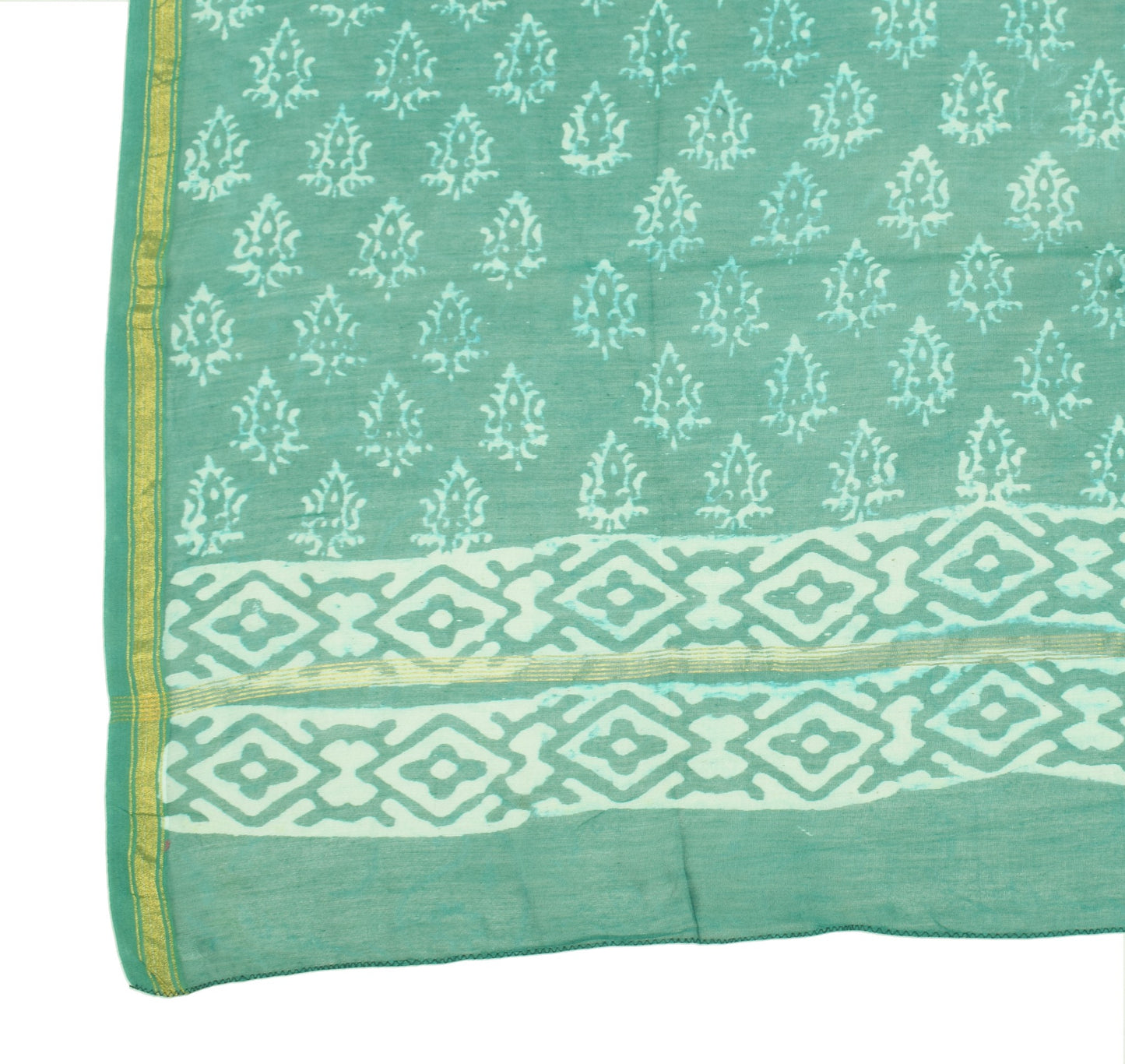 Sushila Vintage Teal Green Dupatta Pure Cotton Silk Floral Hand Block Long Stole