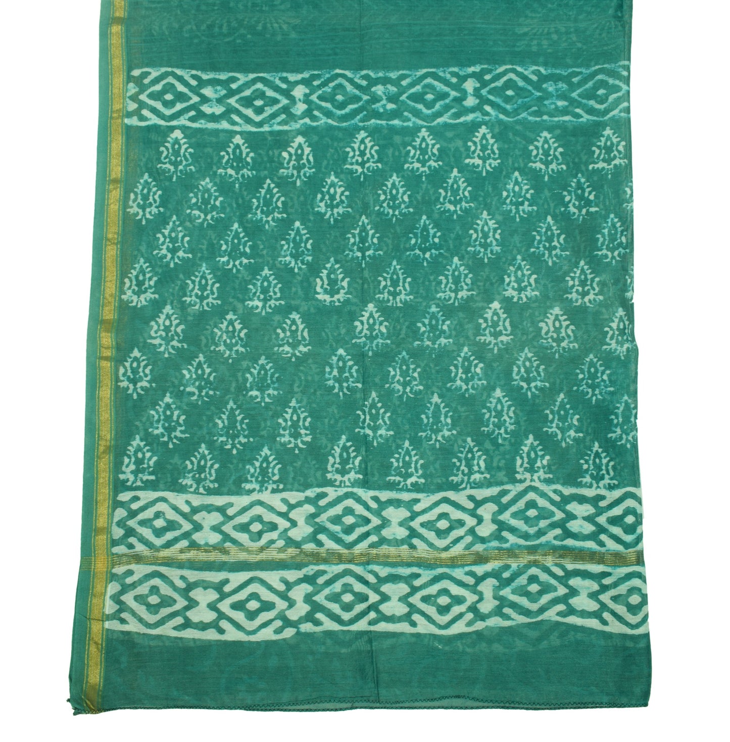Sushila Vintage Teal Green Dupatta Pure Cotton Silk Floral Hand Block Long Stole