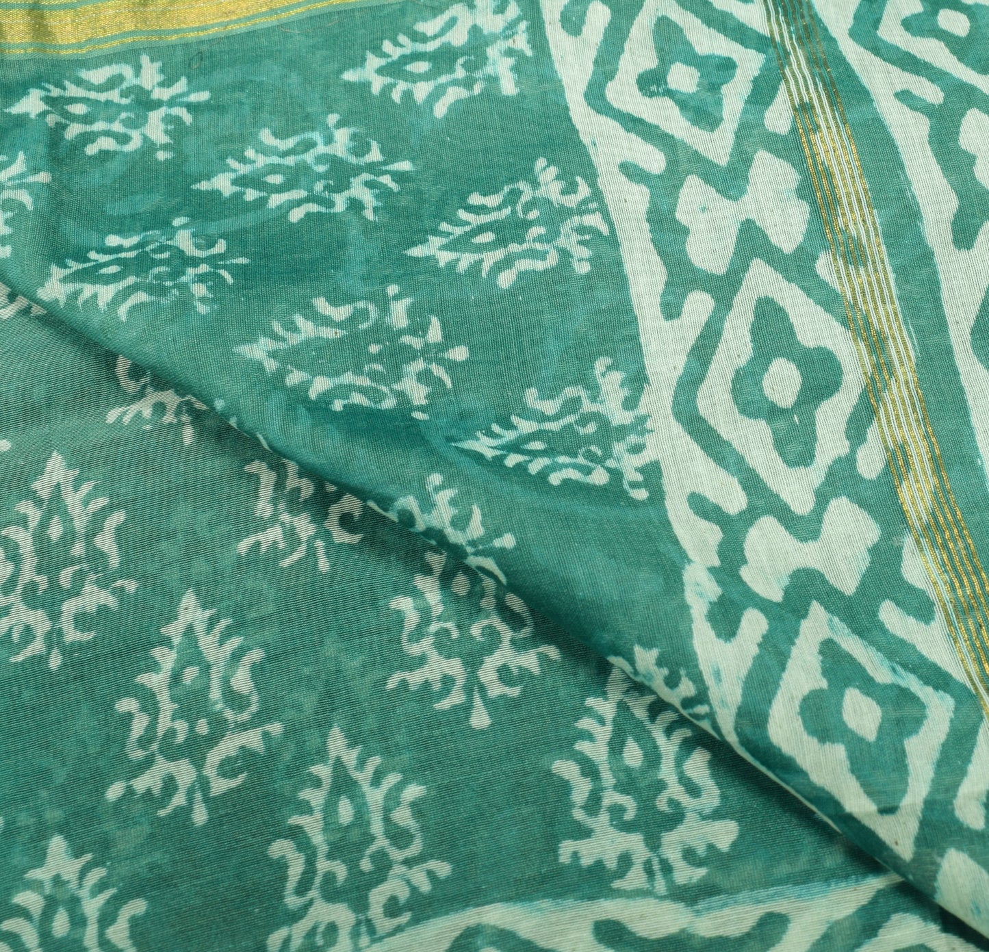 Sushila Vintage Teal Green Dupatta Pure Cotton Silk Floral Hand Block Long Stole