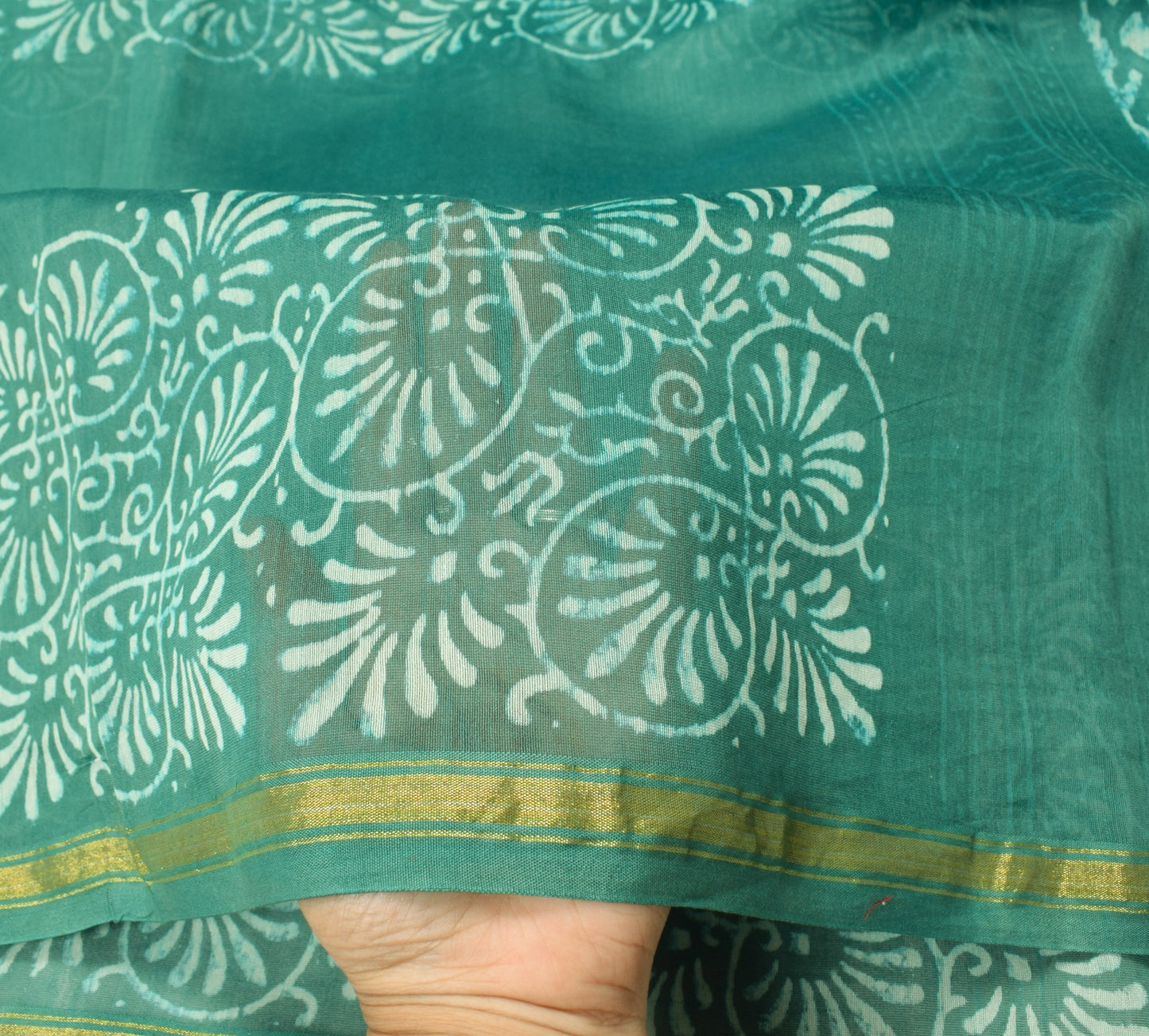 Sushila Vintage Teal Green Dupatta Pure Cotton Silk Floral Hand Block Long Stole