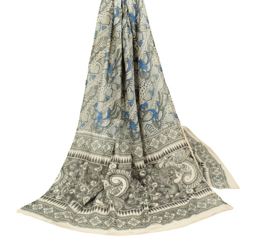 Sushila Vintage Handmade Kalamkari Dupatta Pure Cotton Cream Black Long Stole
