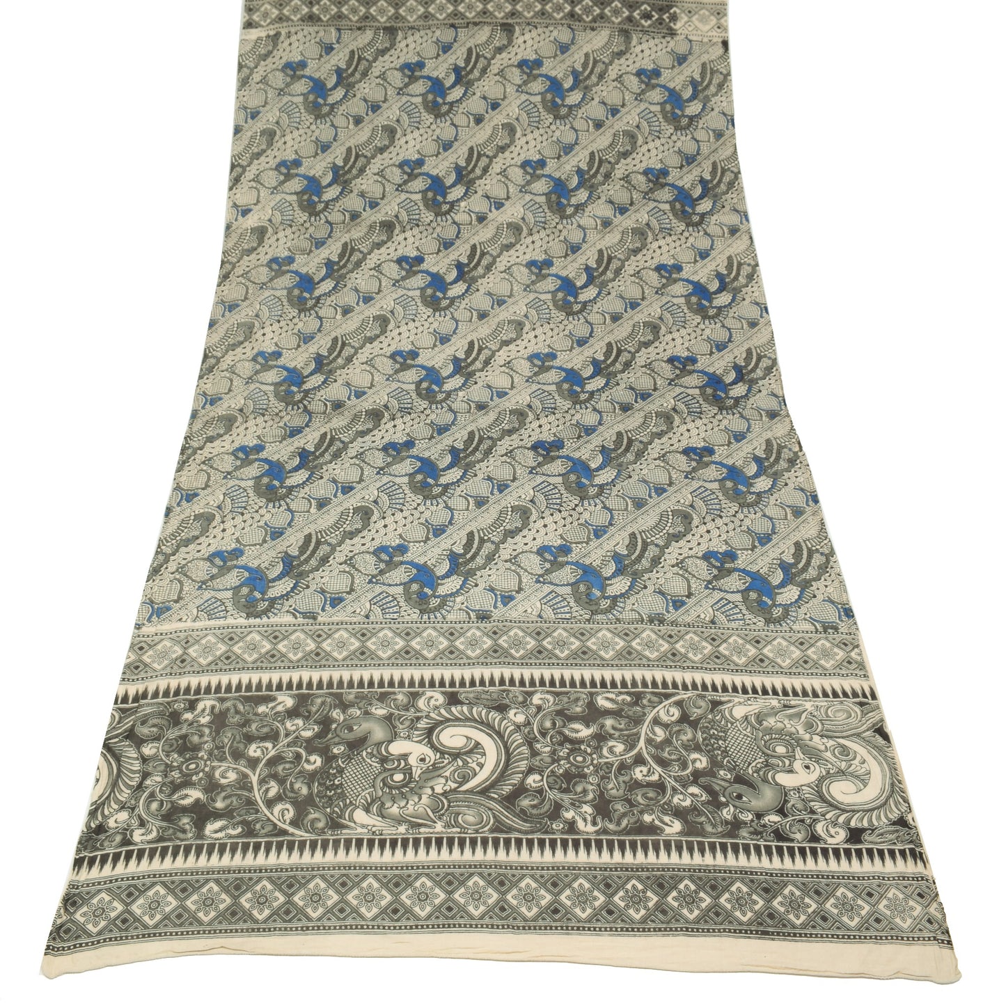 Sushila Vintage Handmade Kalamkari Dupatta Pure Cotton Cream Black Long Stole