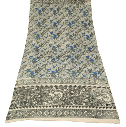 Sushila Vintage Handmade Kalamkari Dupatta Pure Cotton Cream Black Long Stole