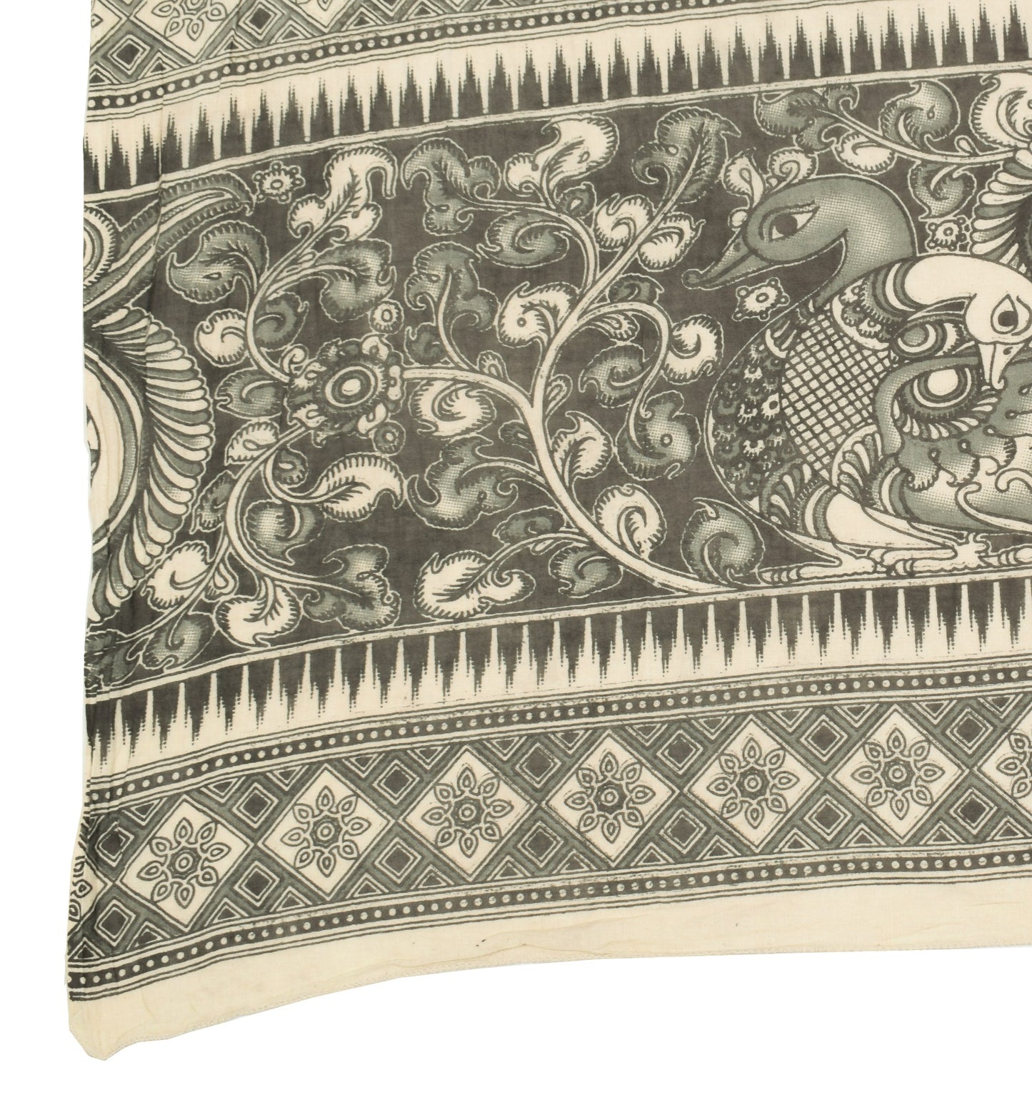 Sushila Vintage Handmade Kalamkari Dupatta Pure Cotton Cream Black Long Stole