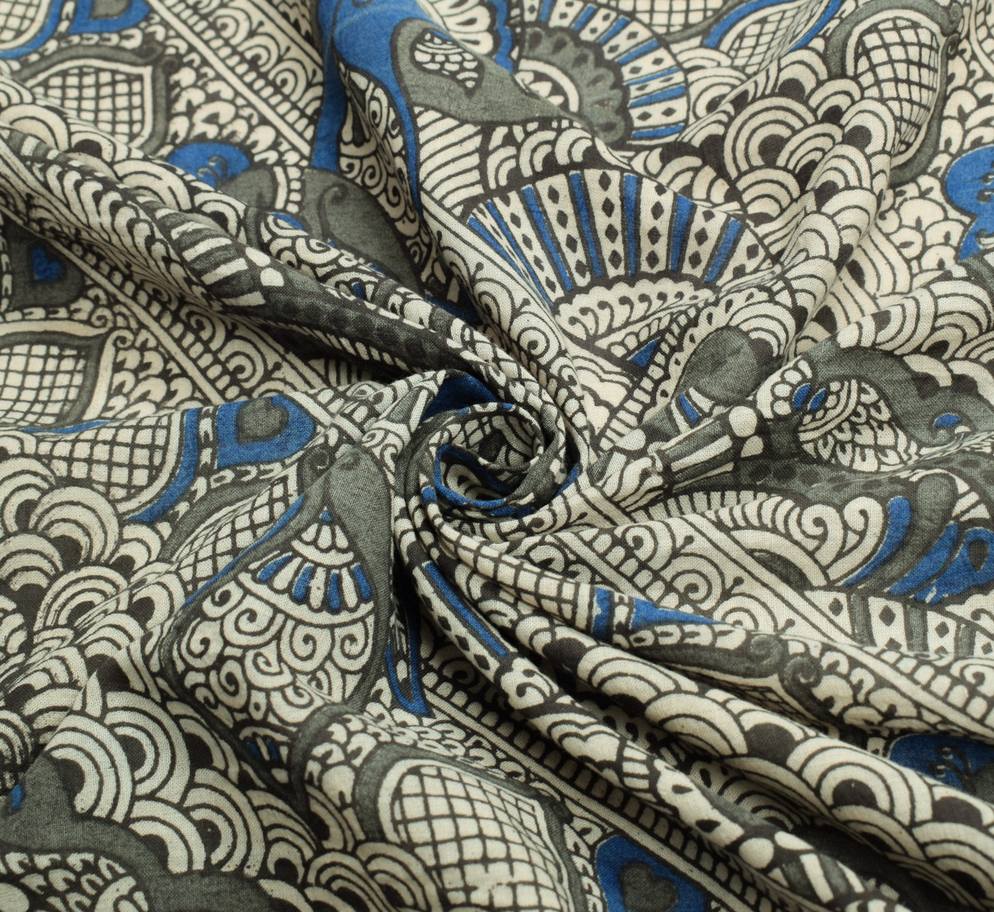 Sushila Vintage Handmade Kalamkari Dupatta Pure Cotton Cream Black Long Stole