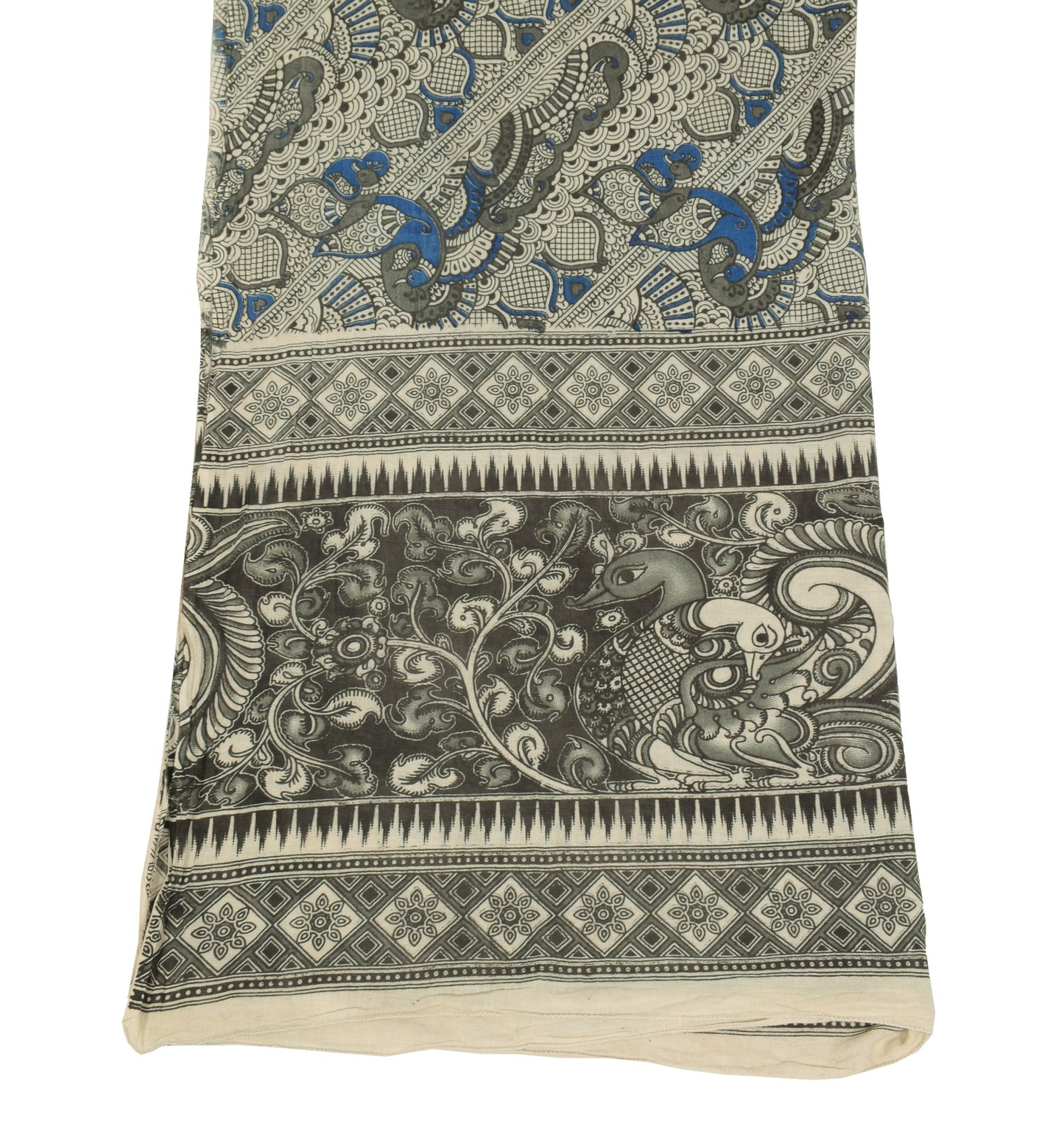 Sushila Vintage Handmade Kalamkari Dupatta Pure Cotton Cream Black Long Stole