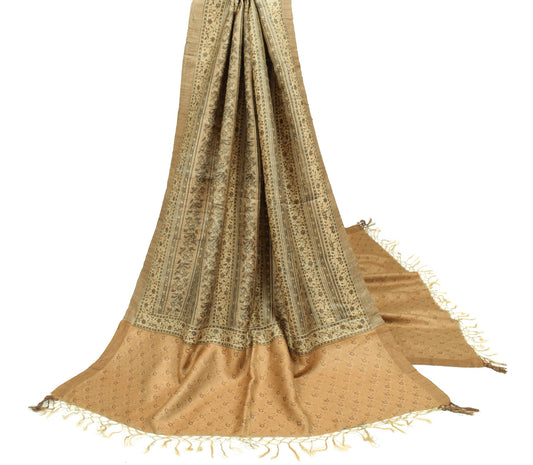 Sushila Vintage Pure Woolen Dupatta Soft Brown Hand Block Printed Long Stole