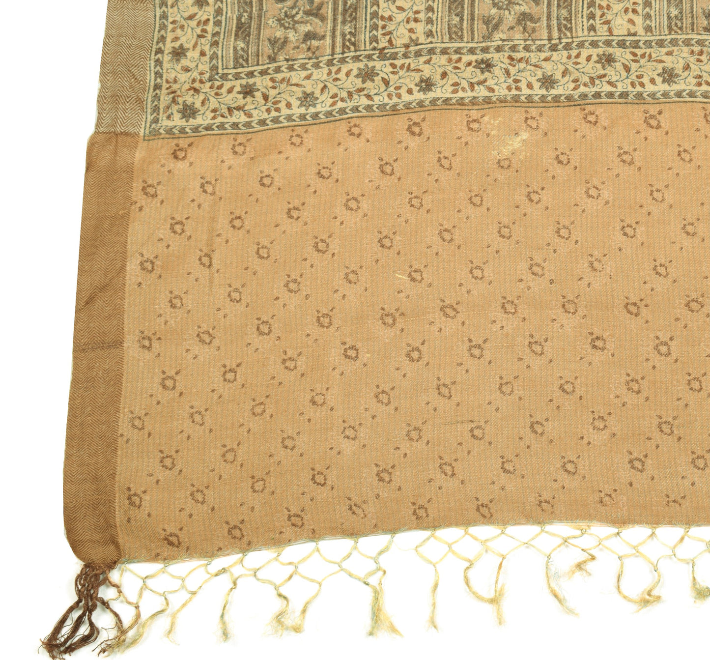 Sushila Vintage Pure Woolen Dupatta Soft Brown Hand Block Printed Long Stole