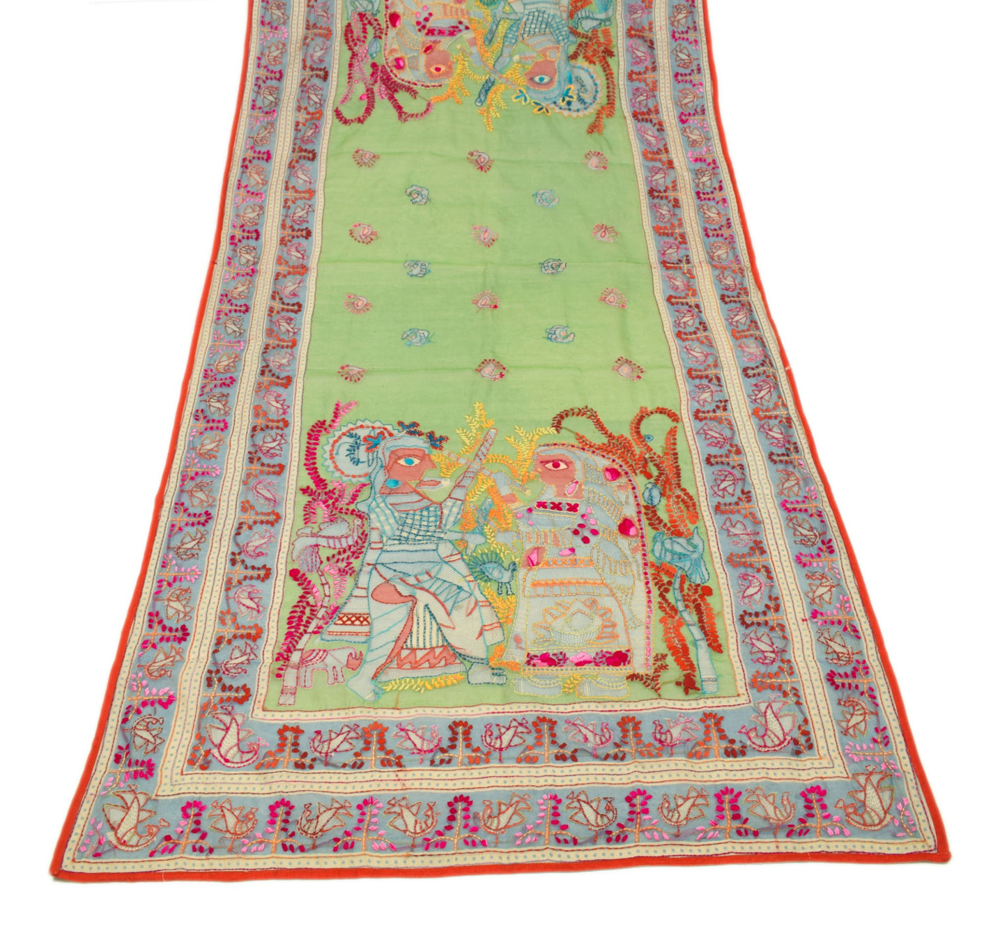 Sushila Vintage Green Handmade Dupatta Madhubani Art Chanderi Cotton Long Stole