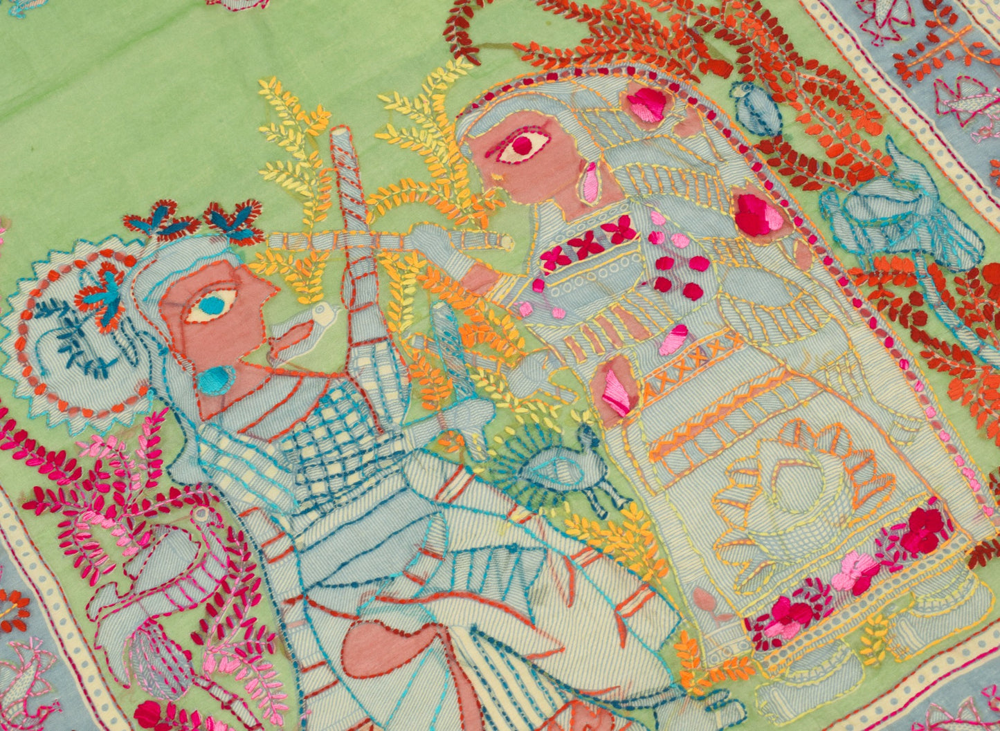 Sushila Vintage Green Handmade Dupatta Madhubani Art Chanderi Cotton Long Stole