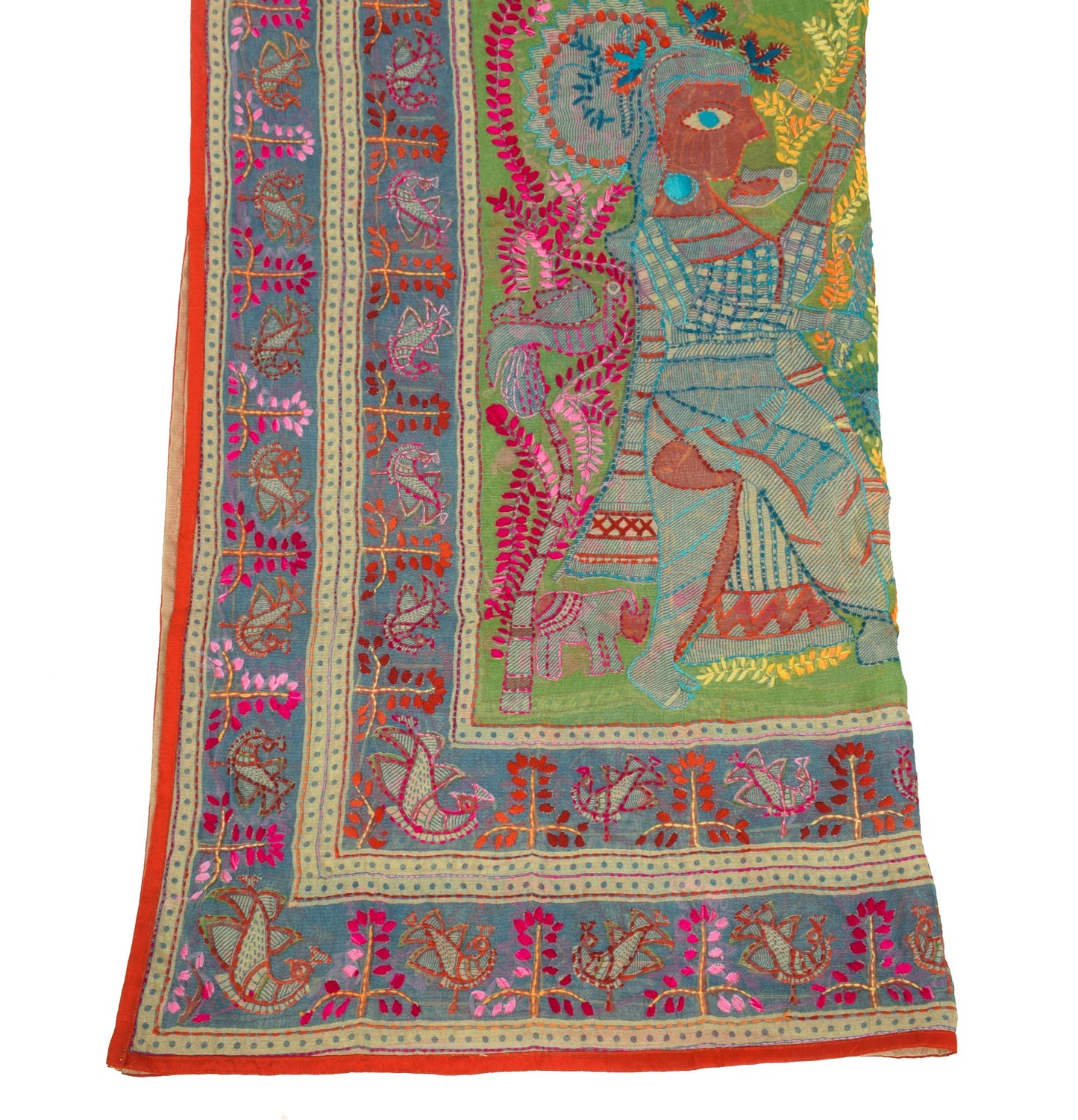 Sushila Vintage Green Handmade Dupatta Madhubani Art Chanderi Cotton Long Stole
