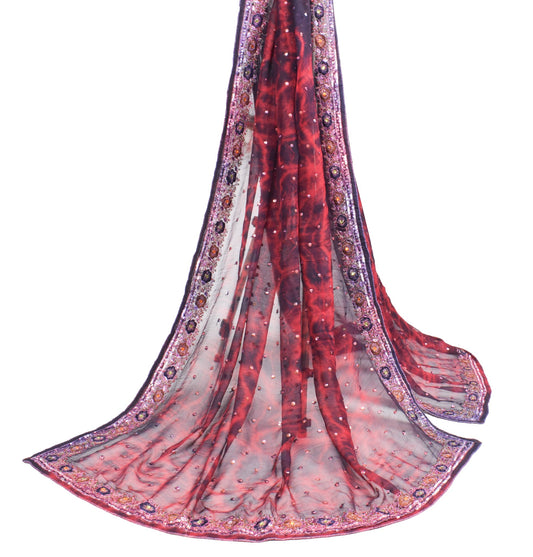 Sushila Vintage Tie-Dye Red Black Dupatta Pure Chiffon Silk Hand Work Long Stole