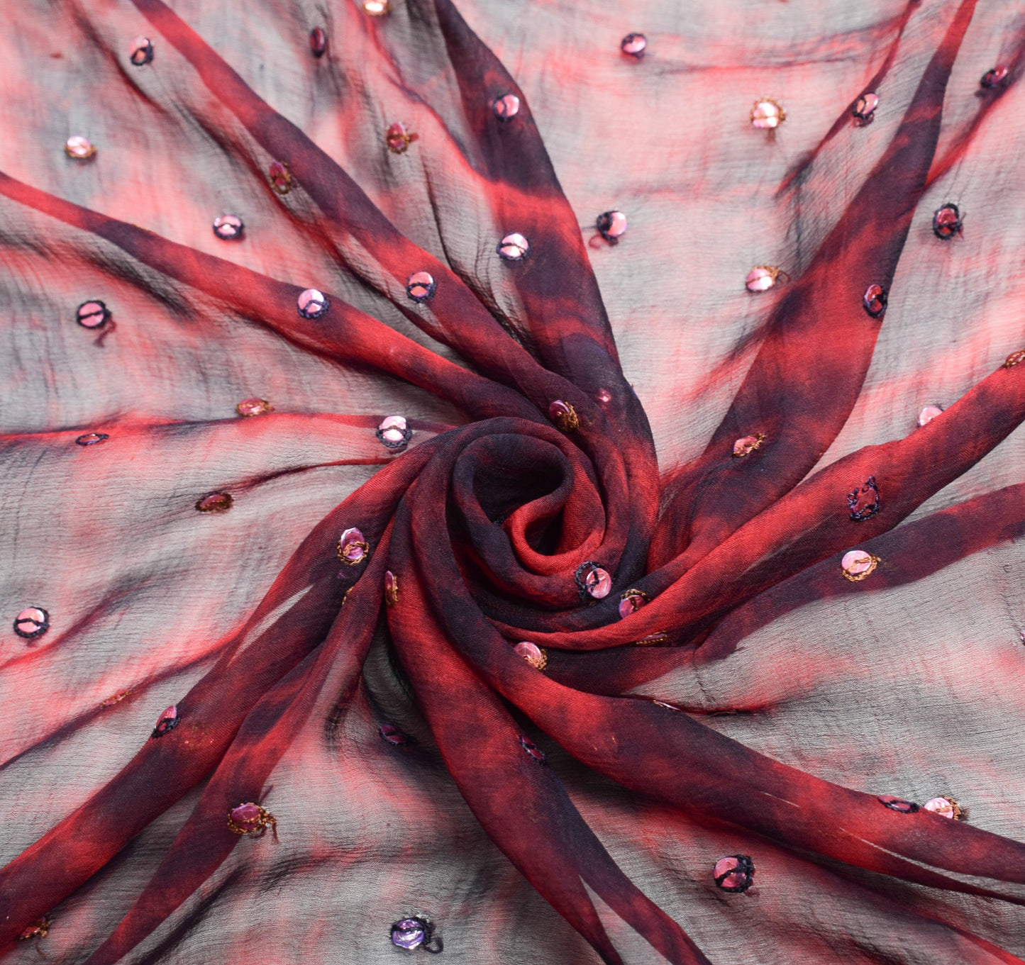 Sushila Vintage Tie-Dye Red Black Dupatta Pure Chiffon Silk Hand Work Long Stole