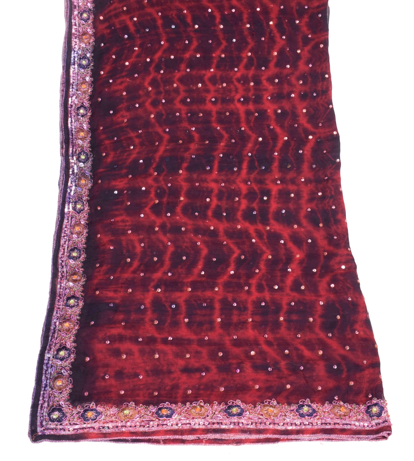 Sushila Vintage Tie-Dye Red Black Dupatta Pure Chiffon Silk Hand Work Long Stole