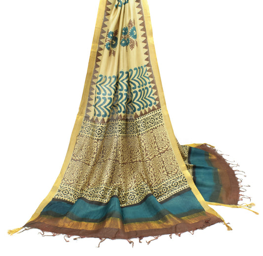 Sushila Vintage Hand Block Printed Dupatta Cream Pure Woolen Shawl Long Stole