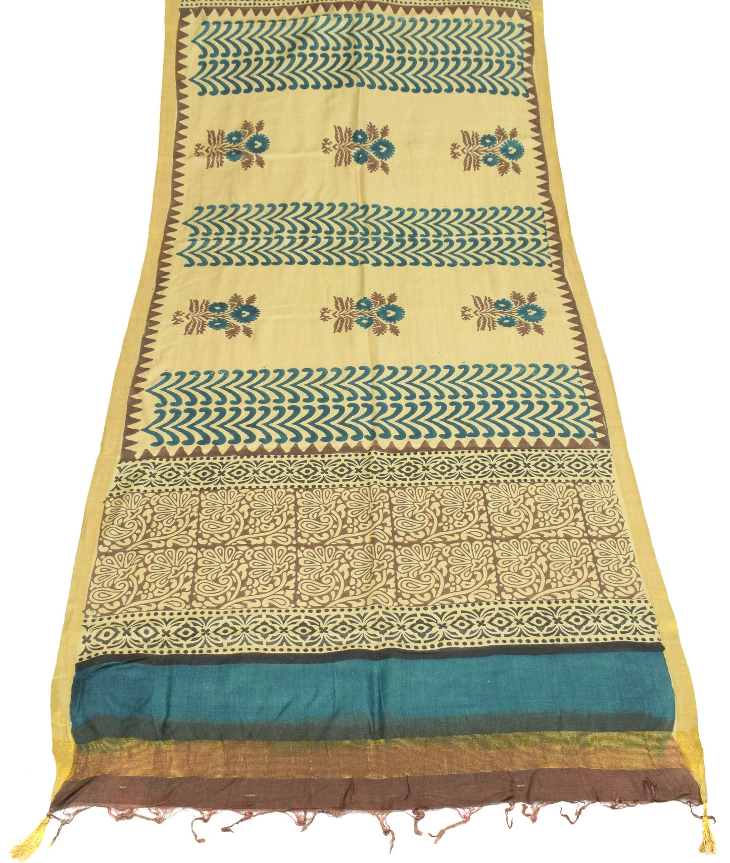 Sushila Vintage Hand Block Printed Dupatta Cream Pure Woolen Shawl Long Stole