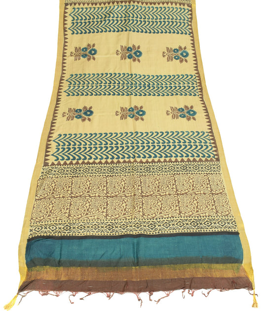 Sushila Vintage Hand Block Printed Dupatta Cream Pure Woolen Shawl Long Stole