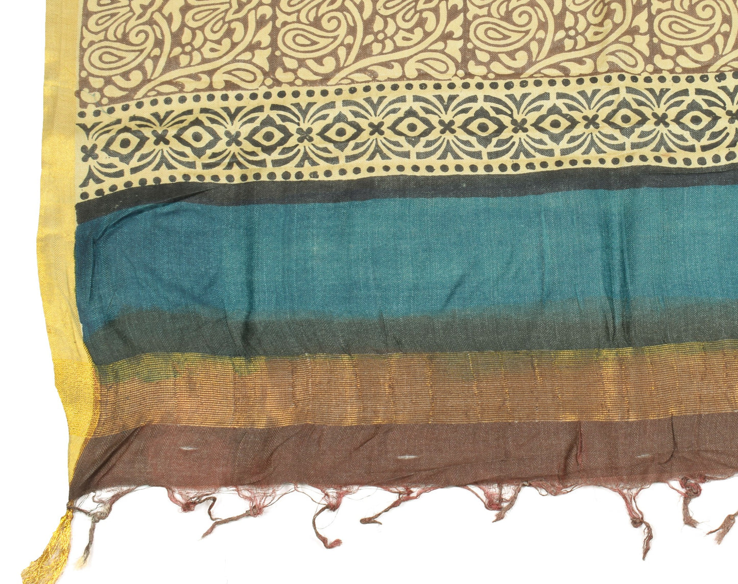 Sushila Vintage Hand Block Printed Dupatta Cream Pure Woolen Shawl Long Stole
