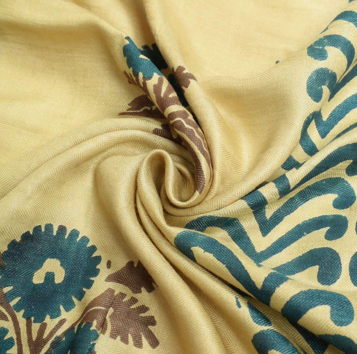 Sushila Vintage Hand Block Printed Dupatta Cream Pure Woolen Shawl Long Stole