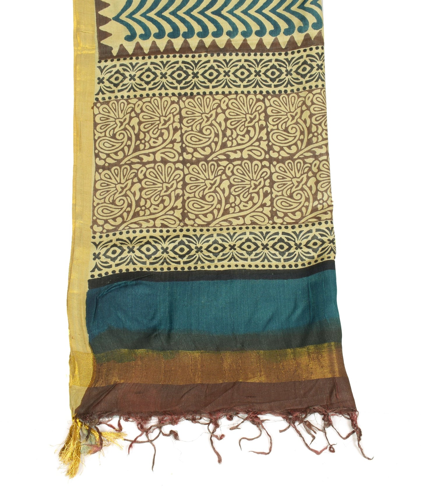 Sushila Vintage Hand Block Printed Dupatta Cream Pure Woolen Shawl Long Stole