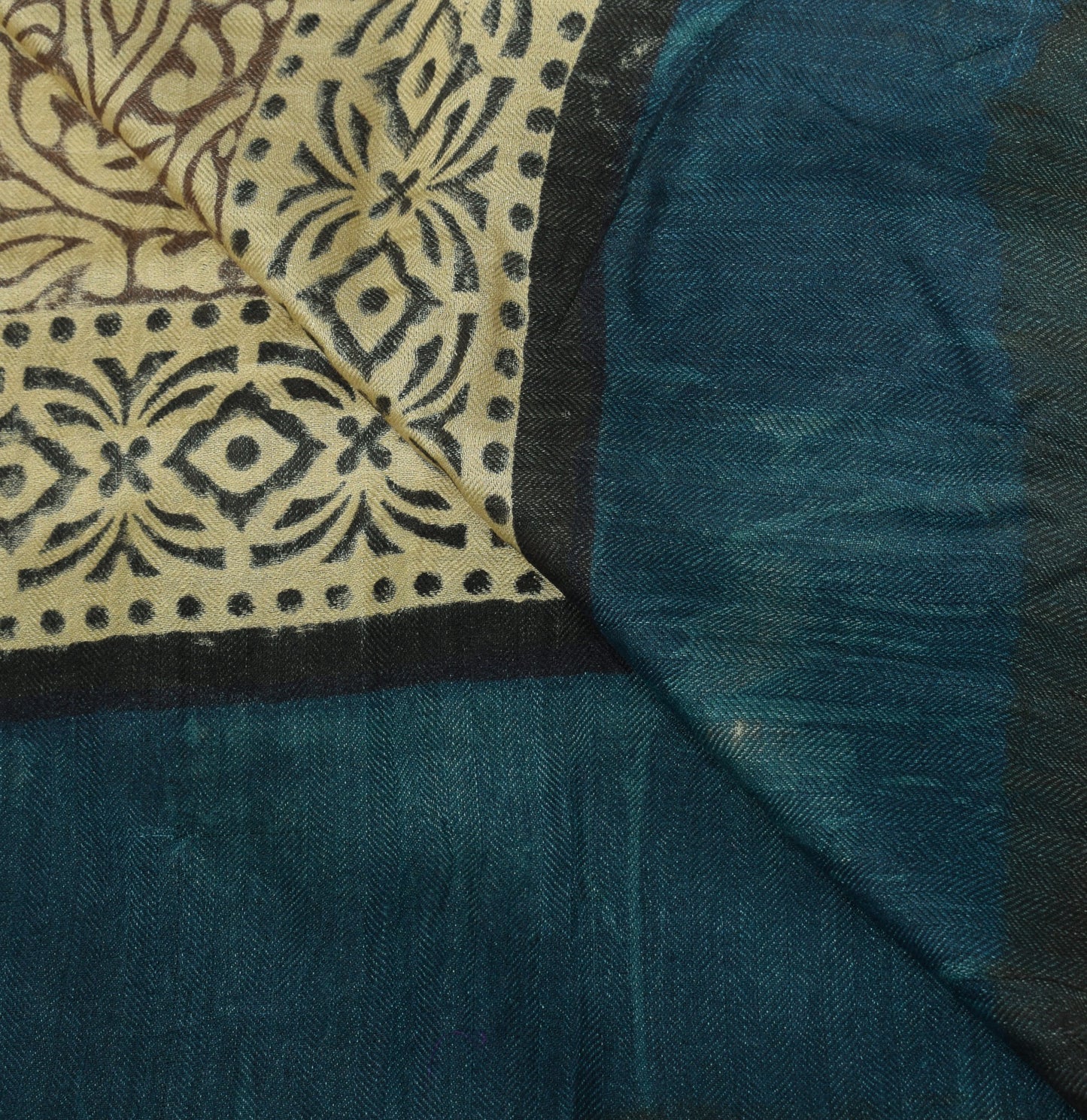 Sushila Vintage Hand Block Printed Dupatta Cream Pure Woolen Shawl Long Stole