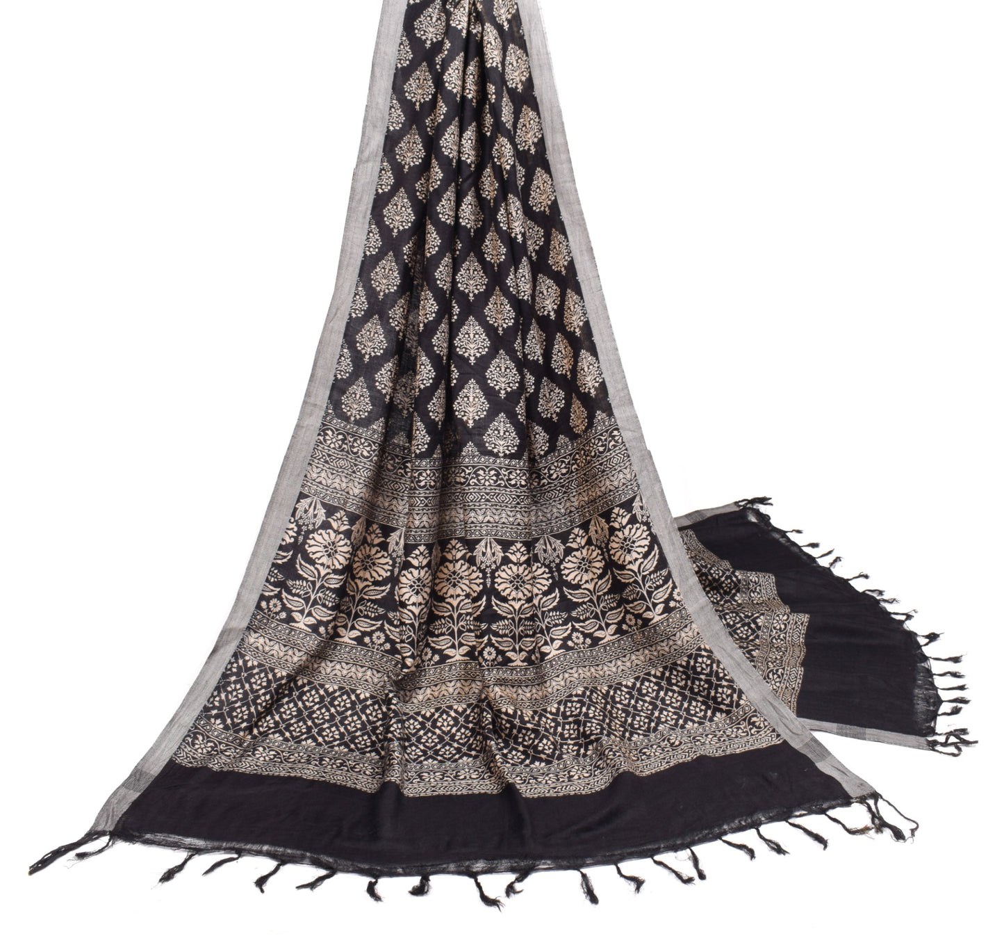 Sushila Vintage Floral Black Dupatta Printed Pure Woolen Shawl Soft Long Stole
