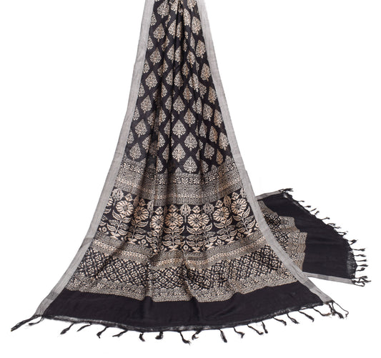 Sushila Vintage Floral Black Dupatta Printed Pure Woolen Shawl Soft Long Stole