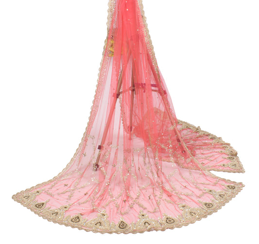 Sushila Vintage Coral Pink Net Dupatta Hand Beaded Zardozi Wedding Long Stole