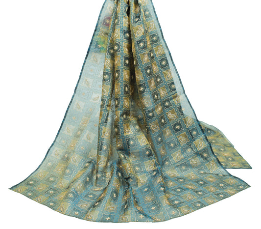 Sushila Vintage Blue Gold Dual Toned Dupatta Pure Tissue Aari Work Long Stole